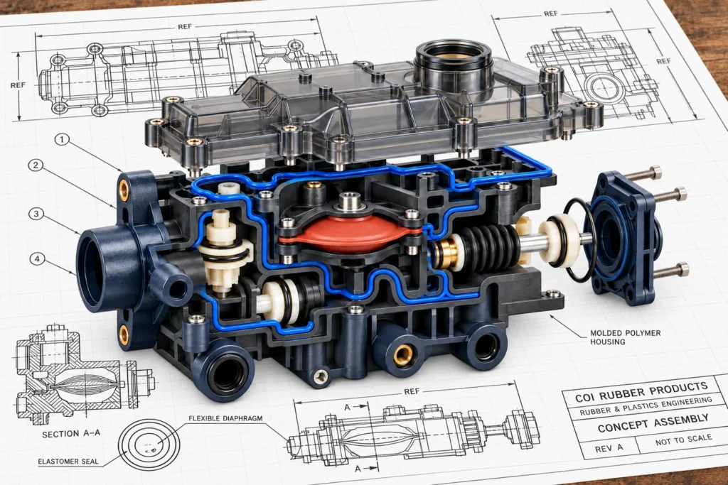 Concept illustration of a rubber and plastics assembly with a flexible diaphragm and elastomer seals on blueprint paper (illustration only, not an actual COi product)